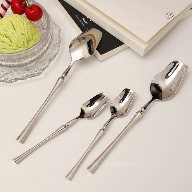 BLOWFISHFUGU 304 스텐 디저트 사각스푼 시리얼숟가락 스텐 아이스크림 스푼, 4개, 실버 스몰+라지