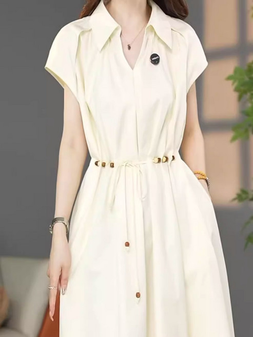 2025年夏新款時尚氣質寬鬆純色短袖連衣裙女洋氣設計感長款裙子