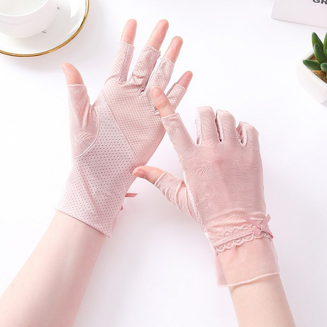 히트앤씨 3944 레이스리본 반장갑 여성 운전장갑 봄 여름장갑 쿨 아이스 자외선차단 심플 손가락장갑