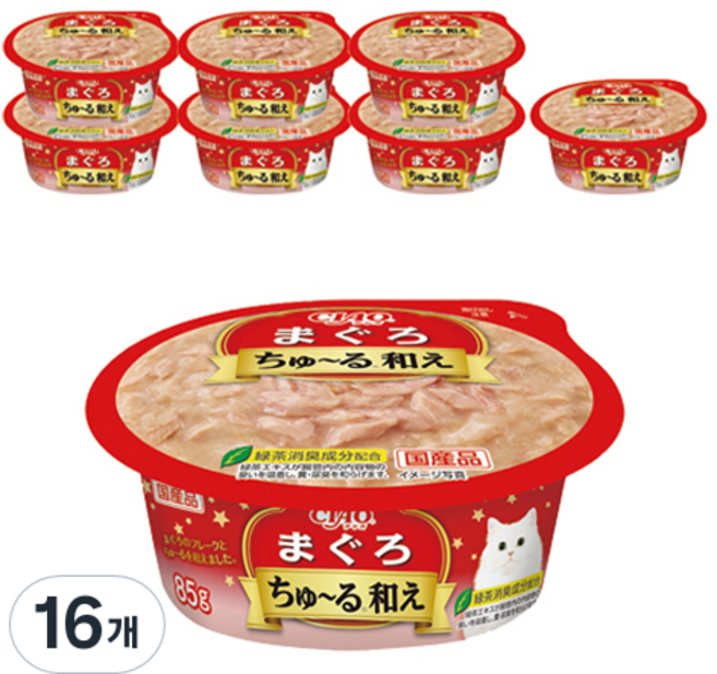 이나바 고양이 챠오 츄르 범벅컵 습식 간식, 참치, 85g, 16개