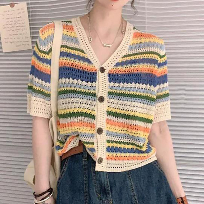 지고다그 여성 여름 컬러 스트라이프 크로셰 니트 반팔 가디건 브이넥 루즈핏 아우터 SX69435