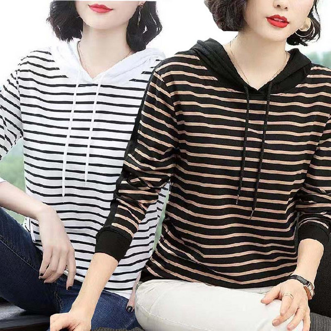 TIMEPURE 중년여성 스트라이프 후드 티셔츠 긴팔 가을봄 캐주얼 빅사이즈 루즈핏 데일리록 줄무늬 상의