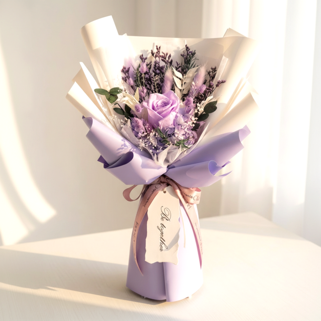 데이나 생화 프리저브드 꽃다발 + 쇼핑백, 라벤더 퍼플