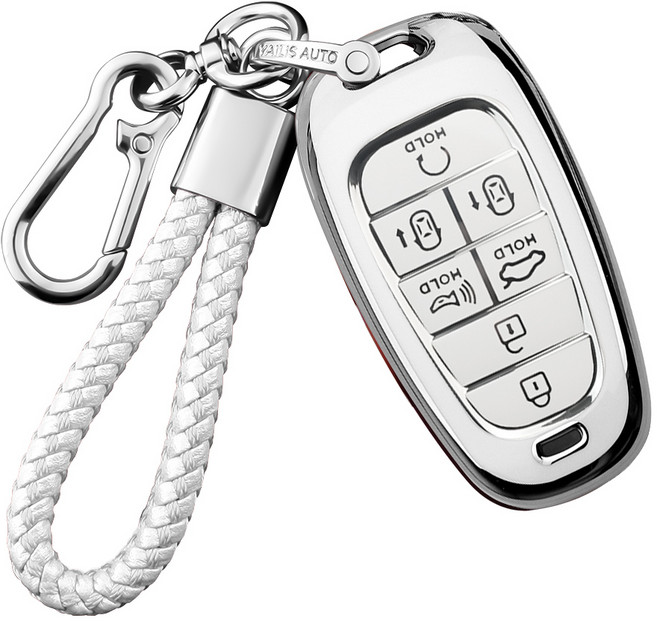 MODACE 현대 차키케이스+스트랩 메탈 키링 열쇠고리(5버튼/7버튼)TPU 소프트젤 보호 케이스, 7버튼-실버 화이트