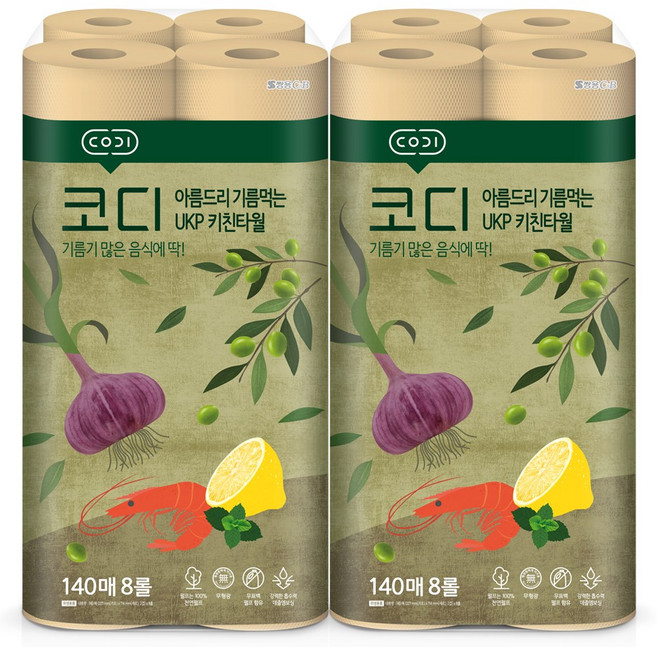 쌍용C&B 코디 아름드리 기름먹는 키친타월 140매 (8롤) [2팩], 8롤, 2개