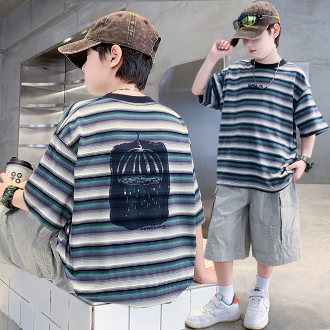 비비키드 남아 여름 YOLO 수박 일러스트 스트라이프 상하복 주니어 세트 초중생 반팔티 초등생 카고 반바지 세트 (2613)