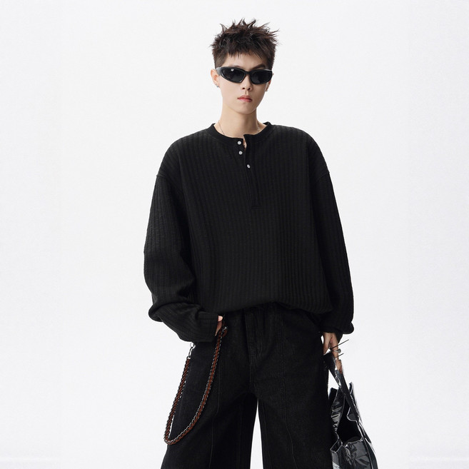 栩泰 亨利領長袖T恤 寬鬆休閒肌理感上衣