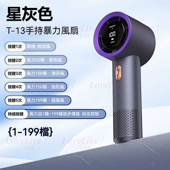 AIRVOLUME T-13高速手持風扇, 星灰色, T13