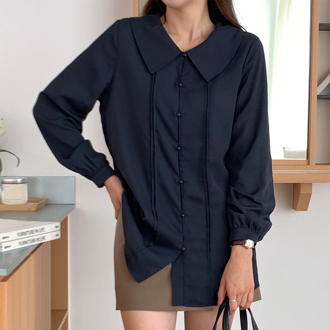 빅사이즈 둥근브이넥 삼각카라 턱주름 단추 긴팔 블라우스 데일리룩 ~5XL 자체제작 3244