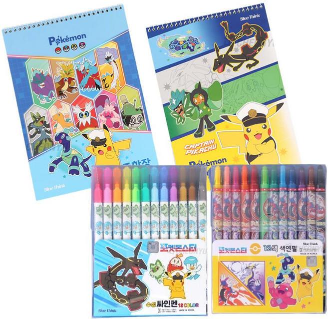포켓몬 종합장 2개 + 12색 색연필 + 12색 싸인펜 포켓몬스터 준비물 세트, 1개