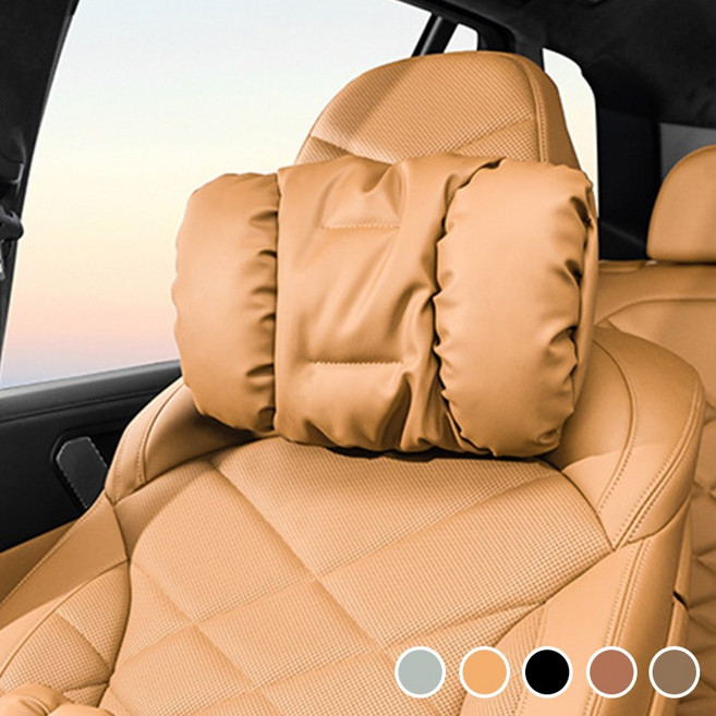 LINSHU 프리미엄 차 전용 차량용 목쿠션 모든 차에 적용 오염방지 가죽 머리 쿠션, 1개, 라이트 브라운