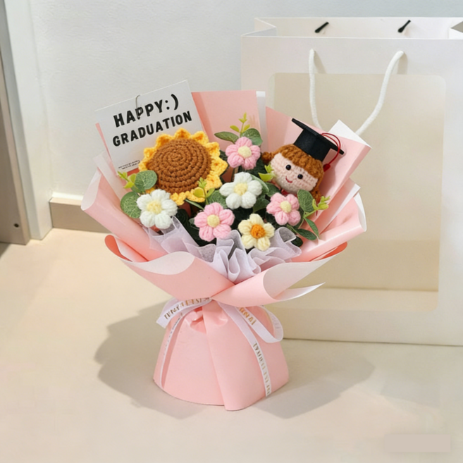 위비리 시들지 않는 뜨개 DIY 졸업식 개학 꽃다발 기념일 선물, 1개, 핑크