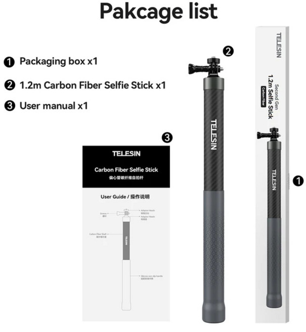 TELESIN 1.2M/3M 탄소 섬유 Selfie 스틱 모노 포드 호환 GoPro ta360 DJI 액션 카메라 연장 막대 액세서리, 01 1.2M Selfie Stick