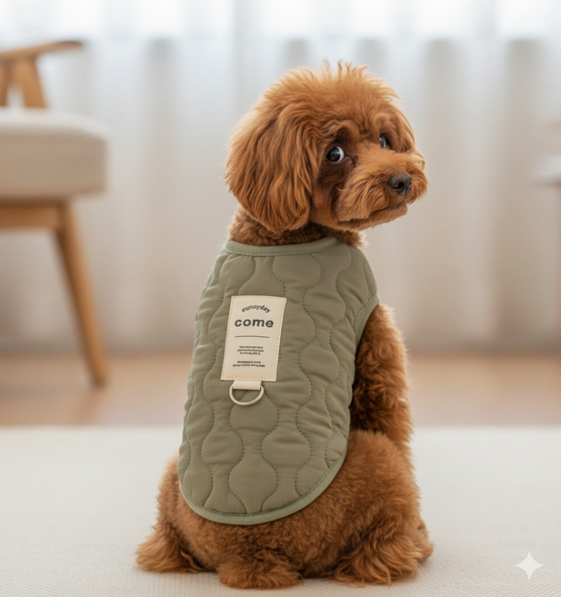 하이퍼피 반려동물 누빔 패딩조끼 하네스 일체형, 1개, 카키