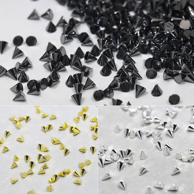 美甲鉚釘飾品 圓錐立體鉚釘 金銀黑金屬感 龐克風穿戴甲配件, 1個, 2mm【三色各一】, 金銀黑 (2mm, 三色各一)