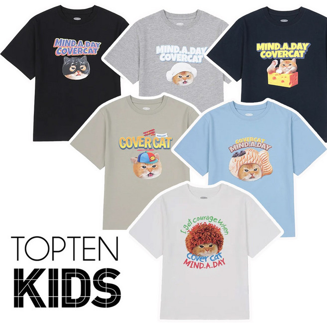 탑텐키즈 톡톡한 면재질 너무 귀여운 고양이 프린팅 반팔 라운드 티셔츠