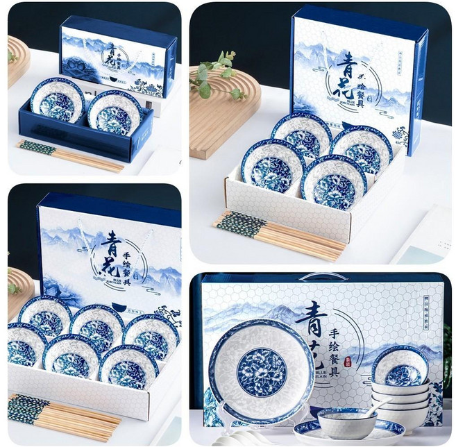 創意小禮物 飯碗陶瓷碗筷盤套裝禮品 大吉大利隨手禮 伴手禮 陶瓷碗盤組 碗盤器皿 碗盤組 北歐碗盤, 1個, 青花瓷陶瓷碗,6碗6筷（禮品盒裝）, 青花瓷, 6碗6筷
