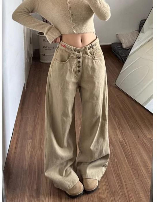 美式復古彎刀牛仔褲女春秋新款卡其色寬鬆高腰設計感闊腿褲子
