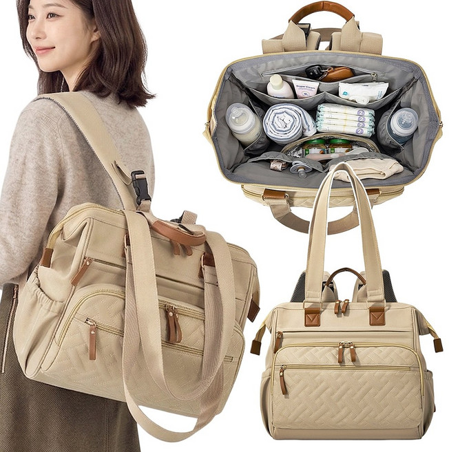 미쓰백 3WAY 기저귀 대용량 백팩 보냉 방수 유모차 캐리어 거치 출산 국민 아기 가방, 베이지
