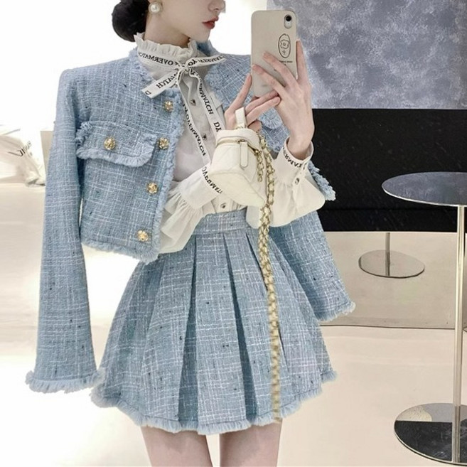 히또리 C0279 트위드 골드 버튼 노카라 크롭 자켓 + 하이웨스트 주름 미니 스커트 셋업