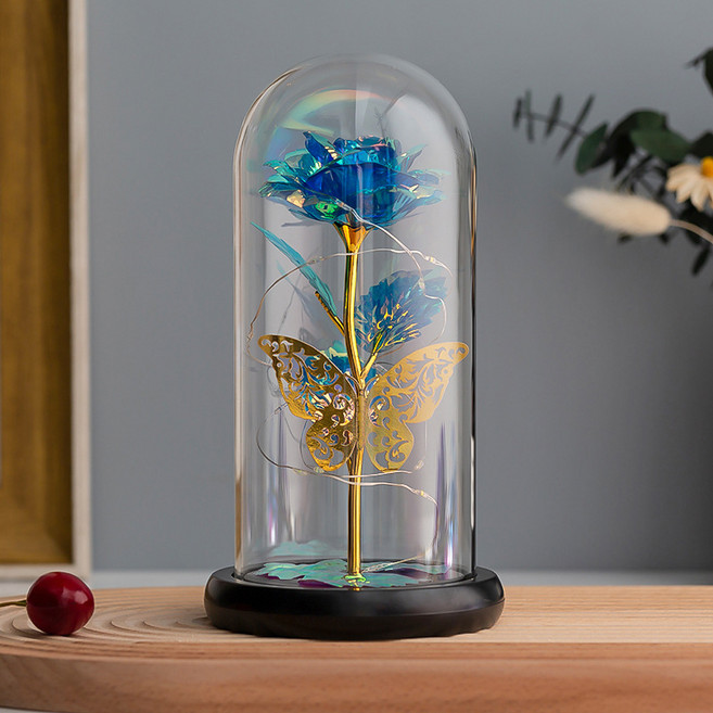 Clybo 유리커버 영생화 장미꽃 무드등 창의적 선물소품, 블루+나비+3잎(채색등)