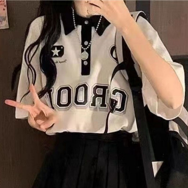 減齡學院風Polo領短袖T恤女 黑色百褶裙 夏季新款學生兩件套裝