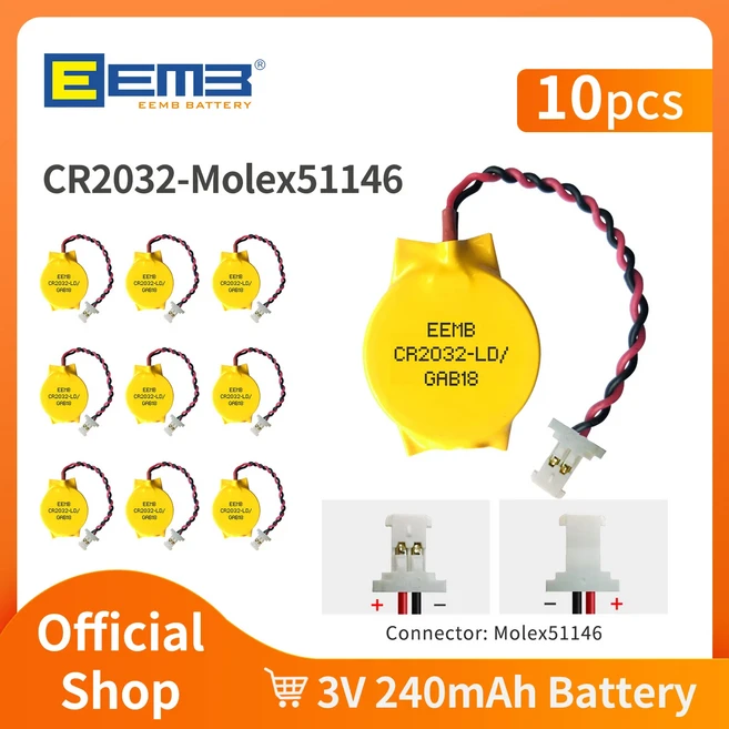 10피스 EEMB 3V 2핀 CR2032 배터리(와이어 포함) CMOS 배터리 마더보드 노트북 교체용 배터리(에일리언웨어, 03 CR2032-Molex51146, 01 China Mainland