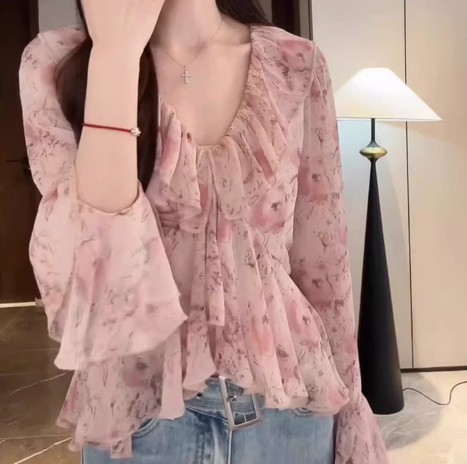 쌍천 브이넥 핑크 플라워 시폰 블라우스 A26030202
