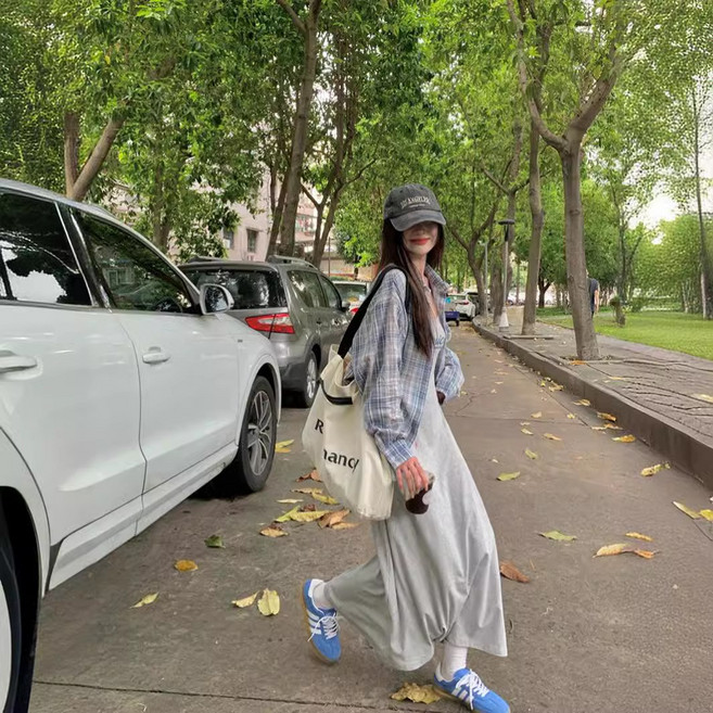 여름 새로운 한국식 한국식 편지 인쇄 슬립 스커트 + 옷깃 체크 무늬 느슨한 선 스크린 셔츠