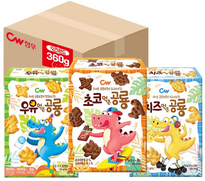 청우 공룡비스켓 6곽 (우유+초코+치즈), 1세트, 360g