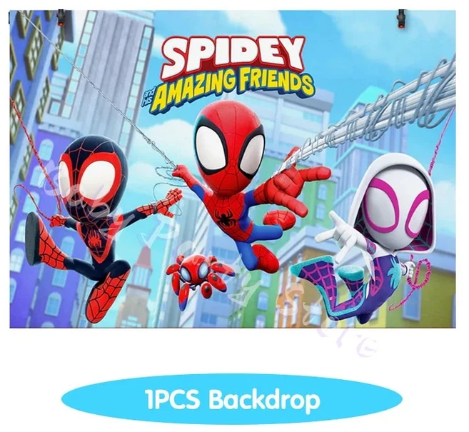 스파이더맨과 그의 놀라운 친구들 생일 장식 세트 접시 컵 테이블보 배경막 풍선 파티 용품, 14 Backdrop