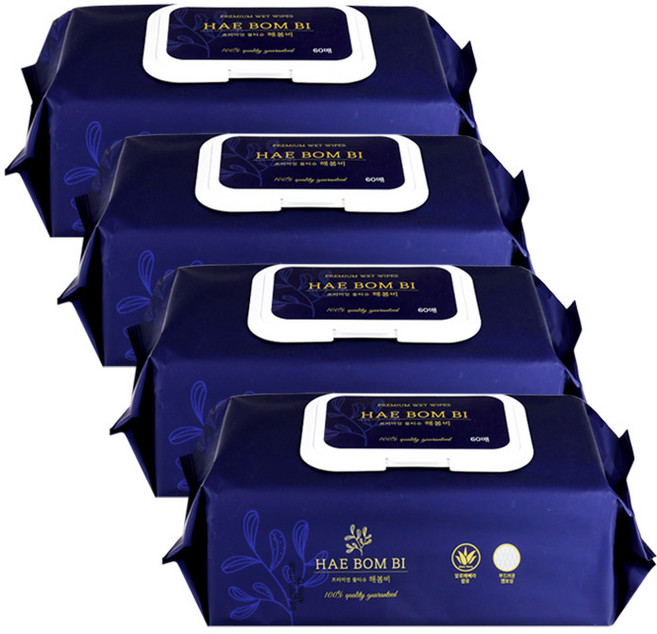 해봄비 프리미엄 물티슈(캡형)60매 x 4개 간병인 요양원 캠핑, 60개입