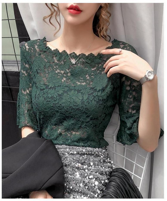 레이스칠부 라인댄스복 라틴댄스복 상의 여성 레이스 칠부 소매 티셔츠 댄스복