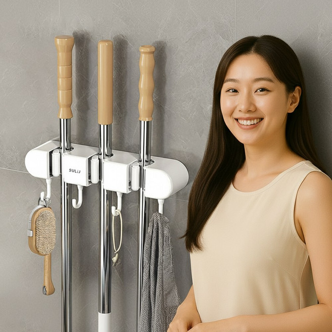 무타공 부착식 후크 밀대 청소도구 거치대, 화이트, 1개