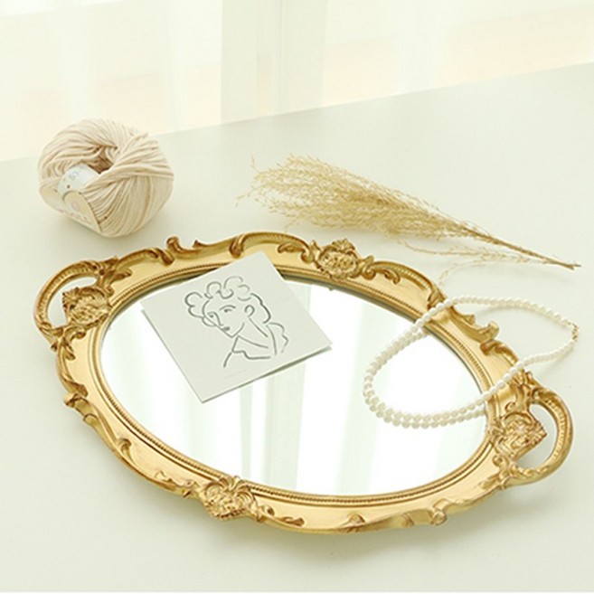 빈티지 엔틱 미러 거울 트레이 [북유럽 프렌치 앤틱 인테리어 소품 쟁반], 골드