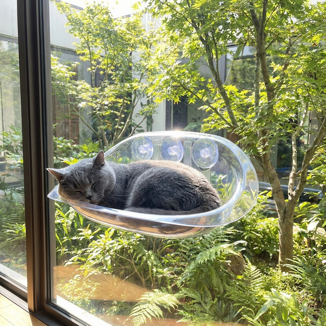 혼반홈 고양이 3중 강력흡착 투명 해먹 창문 해먹, 1개