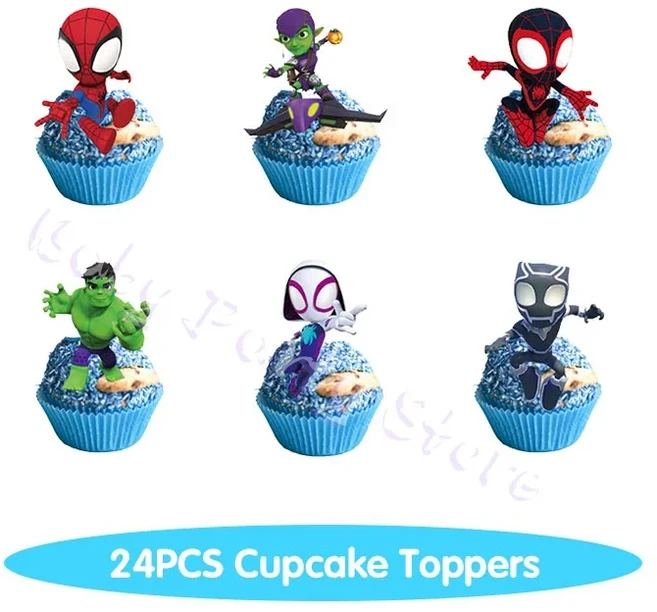 스파이더맨과 그의 놀라운 친구들 생일 장식 세트 접시 컵 테이블보 배경막 풍선 파티 용품, 09 24pcs cake topper