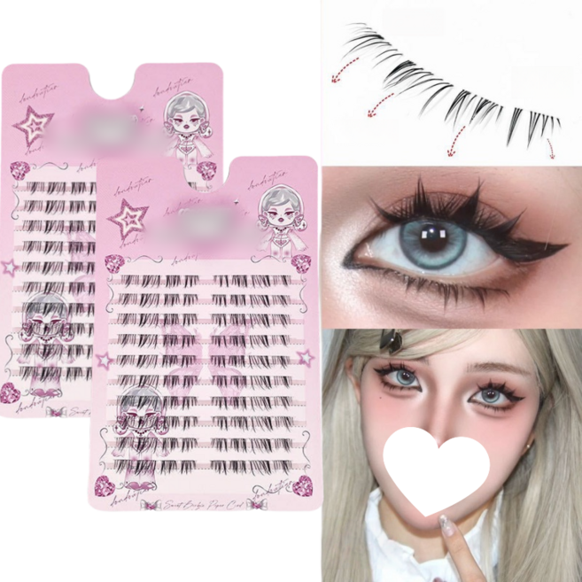 MorningSea 인형 언더속눈썹 자연스러운 부분 투명라인 만화속눈썹, 2개, 블랙