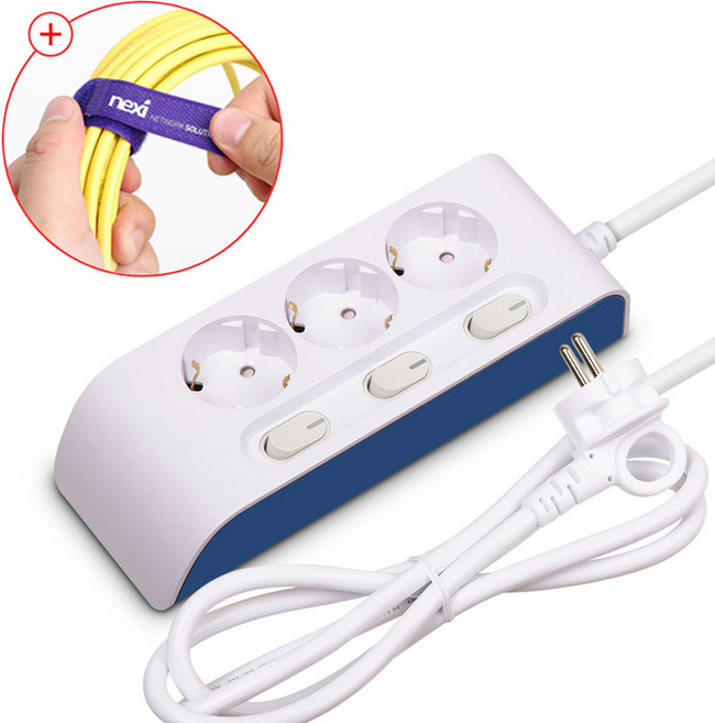 현대일렉트릭 하이탭 3구 개별 멀티탭 + 밸크로타이 16A 가정용 사무용 안전한 국산 멀티 콘센트, 화이트, 1개, 3m