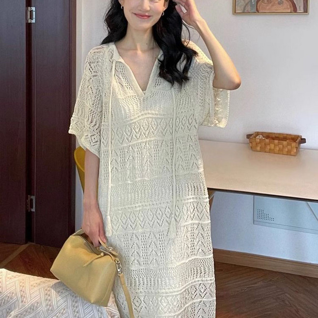 JUSTFEELING 빅사이즈 150kg까지 펀칭 반팔 니트원피스 데일리 트임 바캉스룩 캐주얼 편한 H라인 롱원피스