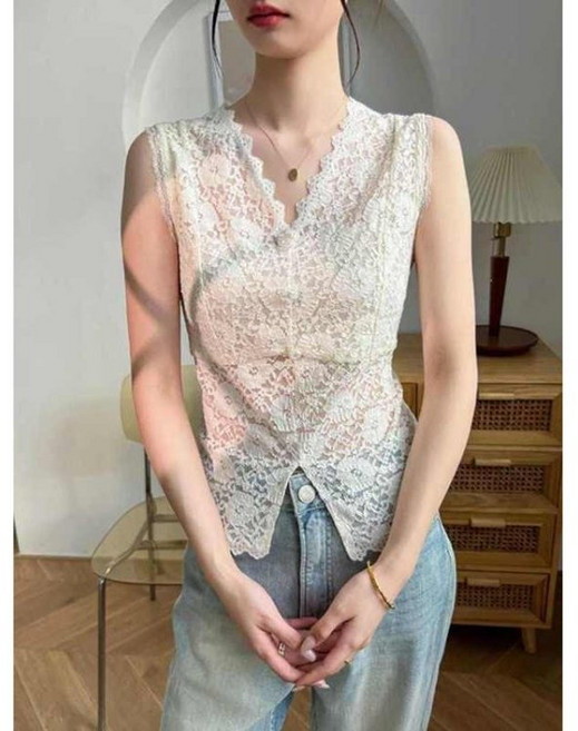 COSYEVNO 여성 브이넥 나시 레이스 섹시 패션 슬림핏 여름 민소매 상의