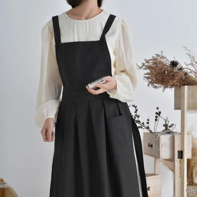 북유럽 원피스 앞치마 롱 요들 미용실 허리 스위트 가게 어린이집 방수 업소용 레이스업 빅사이즈 백 입는 레스토랑 상업용 카페 린넨 베이킹 바리스타 퐁드 꽃무늬 코튼 디자인 심플 주, 블랙스완, 1개