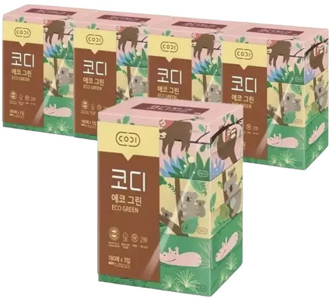 코디코디 코디 그린 미용티슈 각티슈 180매 3입x5팩 (42930615), 5박스