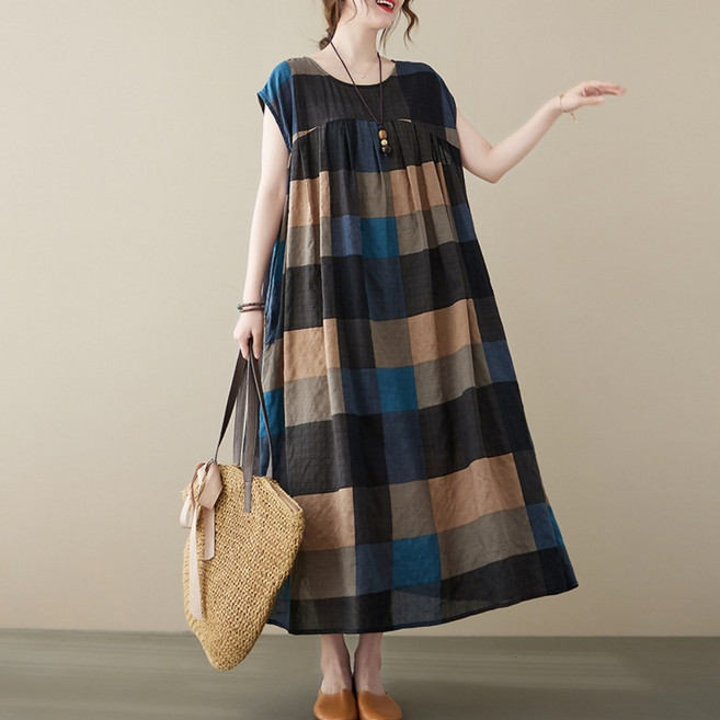 도니와 여성 반 팔체크 롱 패턴 포켓 원피스 오버핏 호테 100