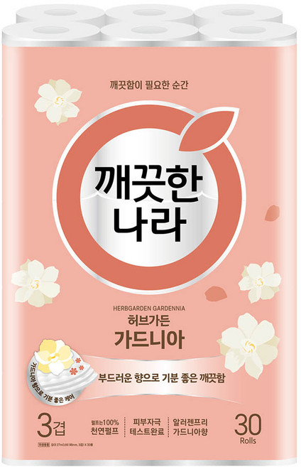 깨끗한나라 허브가든 가드니아 천연펄프 3겹 고급롤화장지, 1개, 30롤, 27m