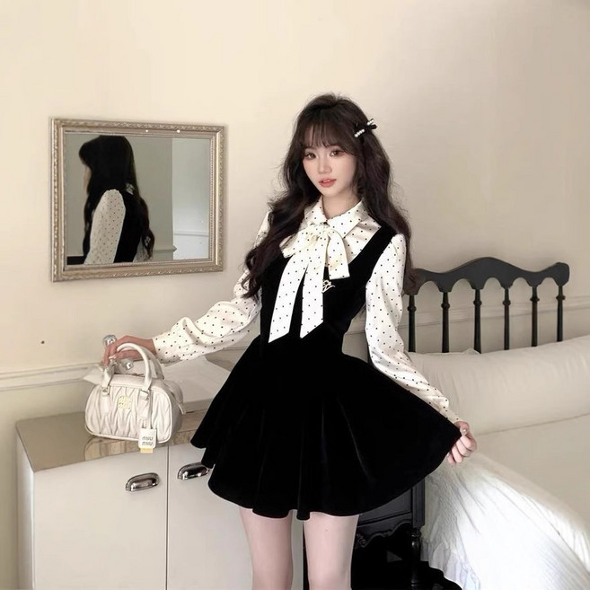 스타일닥터 스커트 벨벳 스트랩 원피스 도트 블라우스 조합 파티룩 데일리룩 짧은 원피스 여성 하객룩