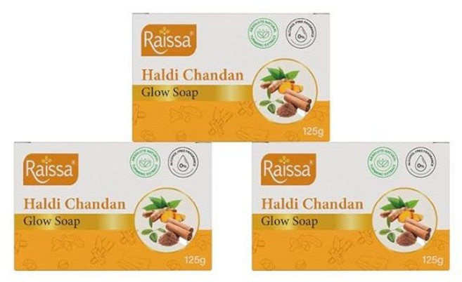 Raissa Haldi Chandan Glow Soap 125g (Pack of 3) | With Turmeric & Sandalwood for Bright, 3개입