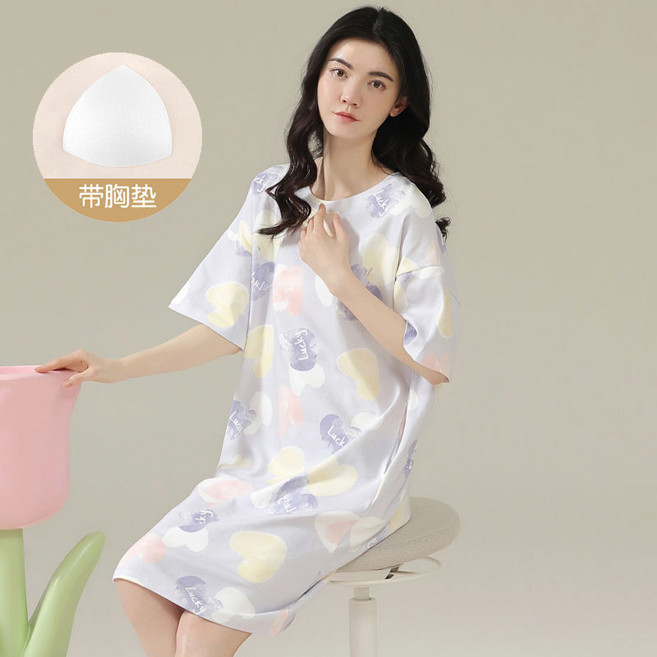 女士帶胸墊短袖睡裙 夏款薄款家居服