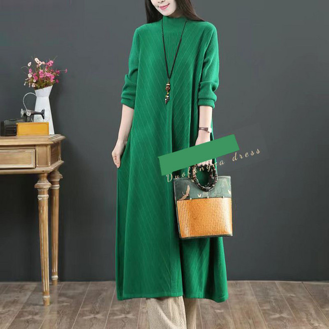 메인워크 중장년여성 빅사이즈 반폴라 니트 롱 원피스 가을 겨울 루즈핏 스판 캐주얼 엄마 간절기 스커트 슬림핏 코트 기질 스커트