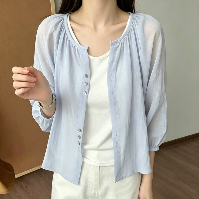 FANSYLI 여성 여름 셔츠 빅사이즈 심플 루즈핏 라운드넥 셔츠 4XL 얇은 쉬운자외선차단 자켓 에어컨룩 데일리 코디 추천 X2604A16